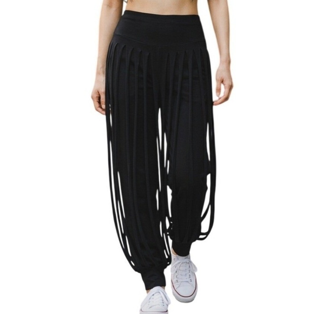 J.U.S.A. Black Shredded Laser‎ Cut Fringe Joggers High Waist Festival Pants L